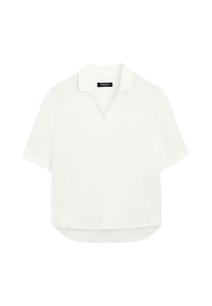 Polo blanc à manches courtes avec col, patte de boutonnage courte et ourlet légèrement arrondi.