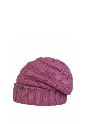 Pink knitted beanie with folded brim and a small rectangular tag on the side, featuring ribbed and textured knit patterns.