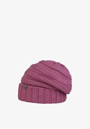 Pink knitted beanie with folded brim and a small rectangular tag on the side, featuring ribbed and textured knit patterns.
