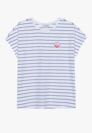 White cotton T-shirt with navy horizontal stripes, round neckline, and short sleeves. Features a red seashell embroidery on the left chest.