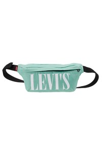 Marsupio verde menta con il prominente logo bianco "LEVI'S", realizzato in tessuto, dotato di chiusura zip e tracolla nera regolabile.