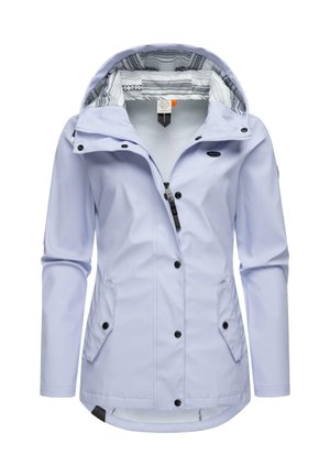 Veste imperméable lavande clair avec capuche, boutons-pression noirs, deux poches avant, doublure à motif contrasté et poignets ajustables.