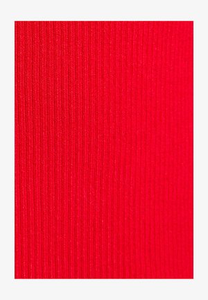 Tessuto a coste rosso, caratterizzato da sottili strisce verticali con una superficie liscia e una leggera lucentezza. Il colore è vibrante e uniforme.