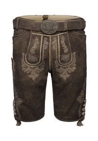 Brune lædershorts med dekorativ broderi, et bredt bælte med en udsmykket spænde og sidebånd til justering. Detailleret syning synlig.