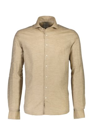Beige linnen overhemd met lange mouwen en een knoopsluiting aan de voorkant, met een klassieke kraag en een subtiele textuur. De knopen zijn wit en gelijkmatig verdeeld.