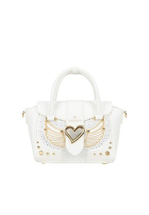 Borsa bianca con decorazioni a forma di ala in oro, una chiusura centrale a forma di cuore e piccoli borchiette dorate sulla parte anteriore.