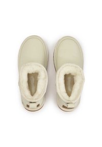 Botas de tobillo de cuero verde claro con un suave forro de piel blanca, punta redondeada y tacón pequeño, que cuentan con una lengüeta en la parte trasera y acentos decorativos.