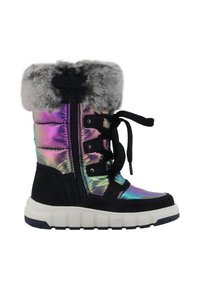 Winterlaars voor kinderen met iriserende bovenkant, zwarte suède accenten, zwarte veters, zijrits, grijze nepbont manchet en witte rubberen zool.