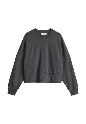 Donkergrijze crewneck-trui met lange mouwen, geribde manchetten en een losse, licht cropped pasvorm.