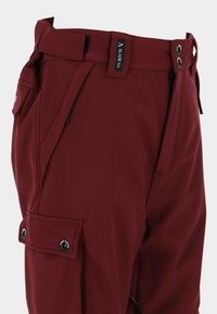 Vinrøde cargobukser med en glat tekstur, der har dobbelte knapper foran, justerbar talje og en sidelomme med trykknaplukning.