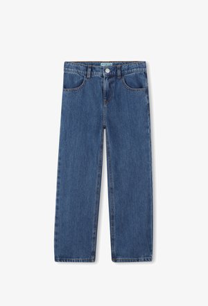 Donkerblauwe denim jeans met een rechte snit, vijf-pocket ontwerp, zichtbare stiksels en een knoopsluiting bij de taille.
