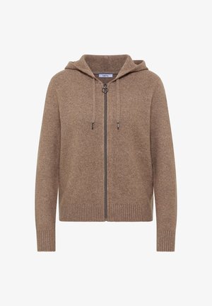 Cardigan marron à capuche avec fermeture éclair à l'avant, ourlet et poignets côtelés, confectionné dans un matériau doux. Comprend des cordons de serrage à la capuche et un design minimaliste.