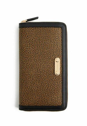 Brown textured wallet with black trim, zip closure, and small gold rectangular metal plate on front.