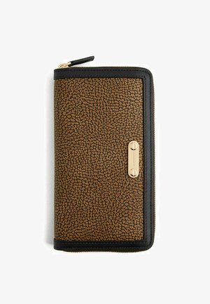 Brown textured wallet with black trim, zip closure, and small gold rectangular metal plate on front.
