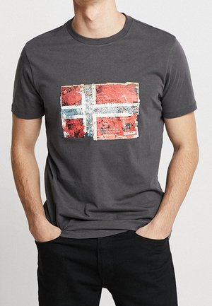 Grå bomulds-T-shirt med et slidt norsk flaggrafik i rød, hvid og blå, med klassisk rund halsudskæring og korte ærmer.