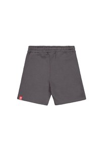 Shorts gris foncé à taille élastique avec une petite étiquette logo rouge sur l'ourlet inférieur gauche, présenté à plat sur un fond blanc.
