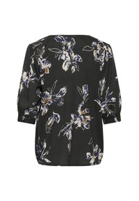 Blusa nera con stampa floreale in bianco, blu e marrone. Presenta maniche a sbuffo e una vestibilità morbida con polsini elasticizzati. Tessuto dal tocco morbido.