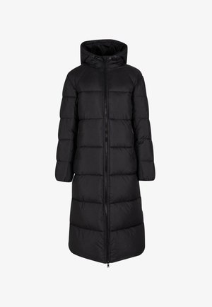 Black long puffer coat with a hood, featuring a zip closure, side pockets, and a quilted design with horizontal stitches for insulation.
