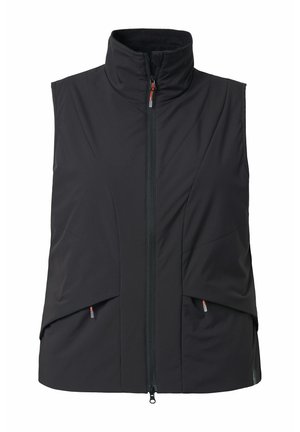 Chaleco negro sin mangas hecho de un material suave y elástico, con un collar alto y cremallera frontal. Presenta dos bolsillos laterales con tiradores de cremallera en contraste.