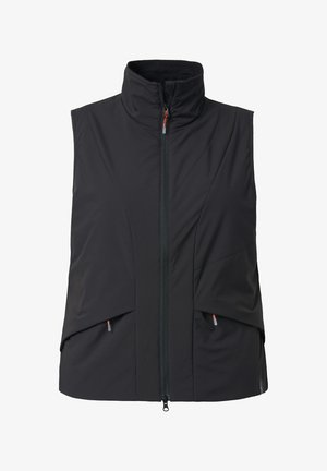Schwarze ärmellose Weste aus softem, elastischem Material mit hohem Kragen und frontalem Reißverschluss. Verfügt über zwei seitliche Taschen mit kontrastierenden Reißverschluss-Ziehteilen.