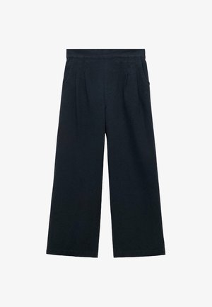 Pantaloni negri cu croi larg, talie înaltă, plisuri frontale și buzunare laterale, potriviți pentru ținute casual sau formale.