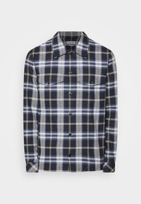 Koszula flanelowa w kratę o kolorystyce czarno-niebiesko-kremowej. Długie rękawy, dwie kieszenie na piersi oraz zapięcie na guziki. Materiał o fakturowanej powierzchni.