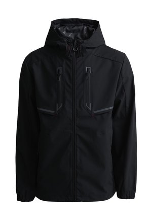 Veste noire à capuche avec fermeture éclair frontale et deux poches poitrine verticales zippées avec accents réfléchissants.