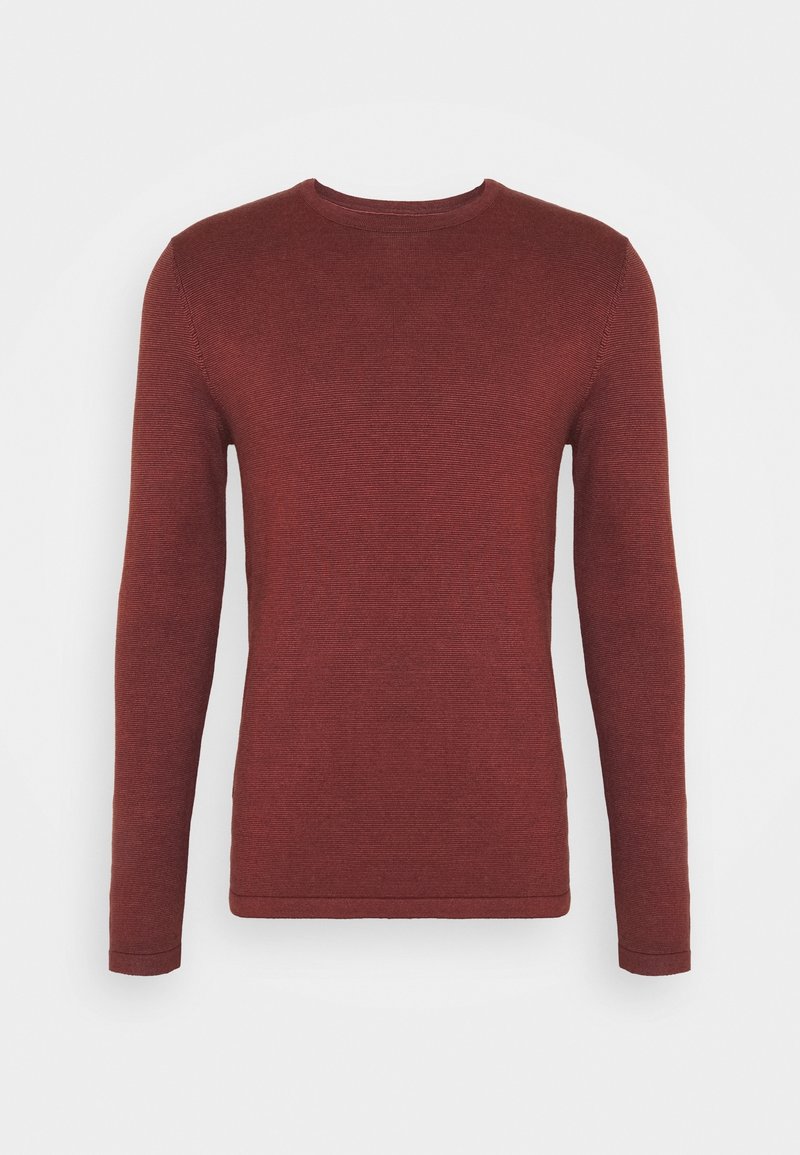 Langärmliger Pullover aus ribbeligem Strickstoff in Dunkelrot. Verfügt über einen runden Ausschnitt und eine enganliegende Silhouette, ohne zusätzliche Verzierungen.
