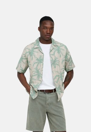 Hombre con camisa de manga corta de color verde claro con estampado de palmeras sobre camiseta blanca y pantalones cortos verde claro, de pie con las manos en los bolsillos.