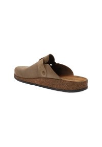 Bruine suède slippersandalen met een kurken zool, open ontwerp en een zijknopdetail. Vlakke basis met een getextureerde rubberen onderkant voor grip.