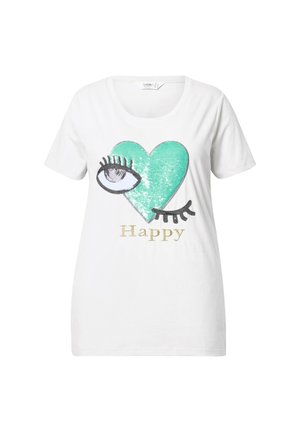 Camiseta blanca de algodón con un corazón de lentejuelas en color azul verdoso con un diseño de ojo y la palabra "Feliz" en dorado debajo. Mangas cortas y escote redondeado.