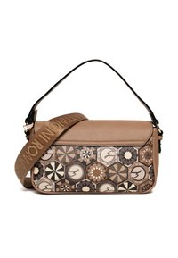 Borsa a mano in pelle color cuoio con fronte a motivo geometrico caratterizzato da accenti beige, marroni e neri. Include una tracolla marrone staccabile con logo.