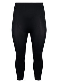 Zwarte leggings gemaakt van een glad, rekbaar materiaal. Ze hebben een hoge tailleband en een aansluitend ontwerp, dat tot de enkels reikt.