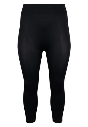 Svarta leggings gjorda av ett slätt, stretchigt material. De har en hög midja och en åtsittande design som sträcker sig ner till anklarna.