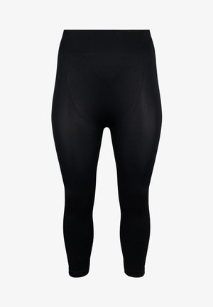 Schwarze Leggings aus einem glatten, elastischen Material. Sie verfügen über einen hohen Bund und haben eine körpernahe Passform, die bis zu den Knöcheln reicht.