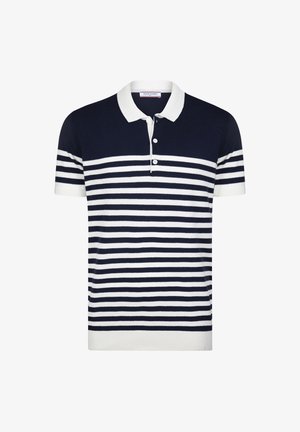 Navyblau- und weiß gestreiftes Polohemd aus Strickstoff, mit Kragen, drei Knöpfen und kurzen Ärmeln mit kontrastierenden Manschetten.