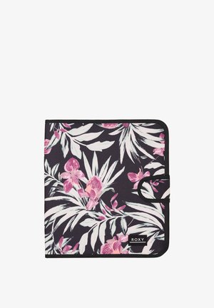 Floral-printed binder with a black background, featuring pink orchids and green leaves. Includes a black closure strap and branding label.