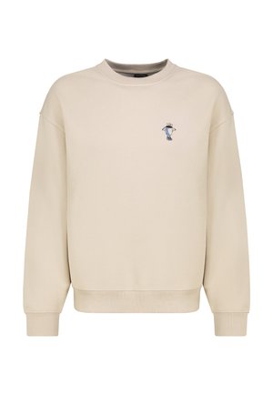 Beige Sweatshirt mit Rundhalsausschnitt, gerippten Bündchen und Saum, mit einem kleinen gestickten Grafikdesign auf der linken Seite. Glatte Stofftextur.