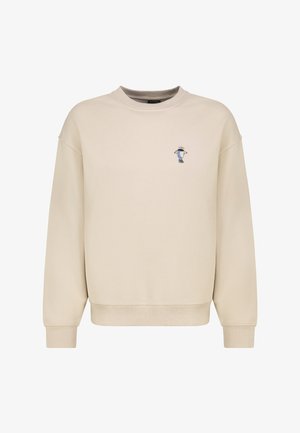 Beige sweatshirt met een ronde hals, ribgebreide manchetten en zoom, met een kleine geborduurde afbeelding aan de linkerkant. Gladde stofstructuur.