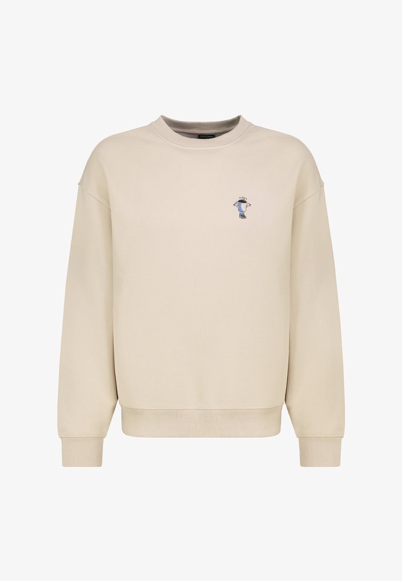 Beige sweatshirt with a round neck, ribbed cuffs and hem, featuring a small embroidered graphic on the left side. Smooth fabric texture.