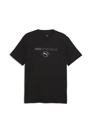 Schwarzes Puma Sport-T-Shirt mit kurzen Ärmeln, Logo und Text "PUMA SPORTSWEAR EST. 1948" in der vorderen Mitte.