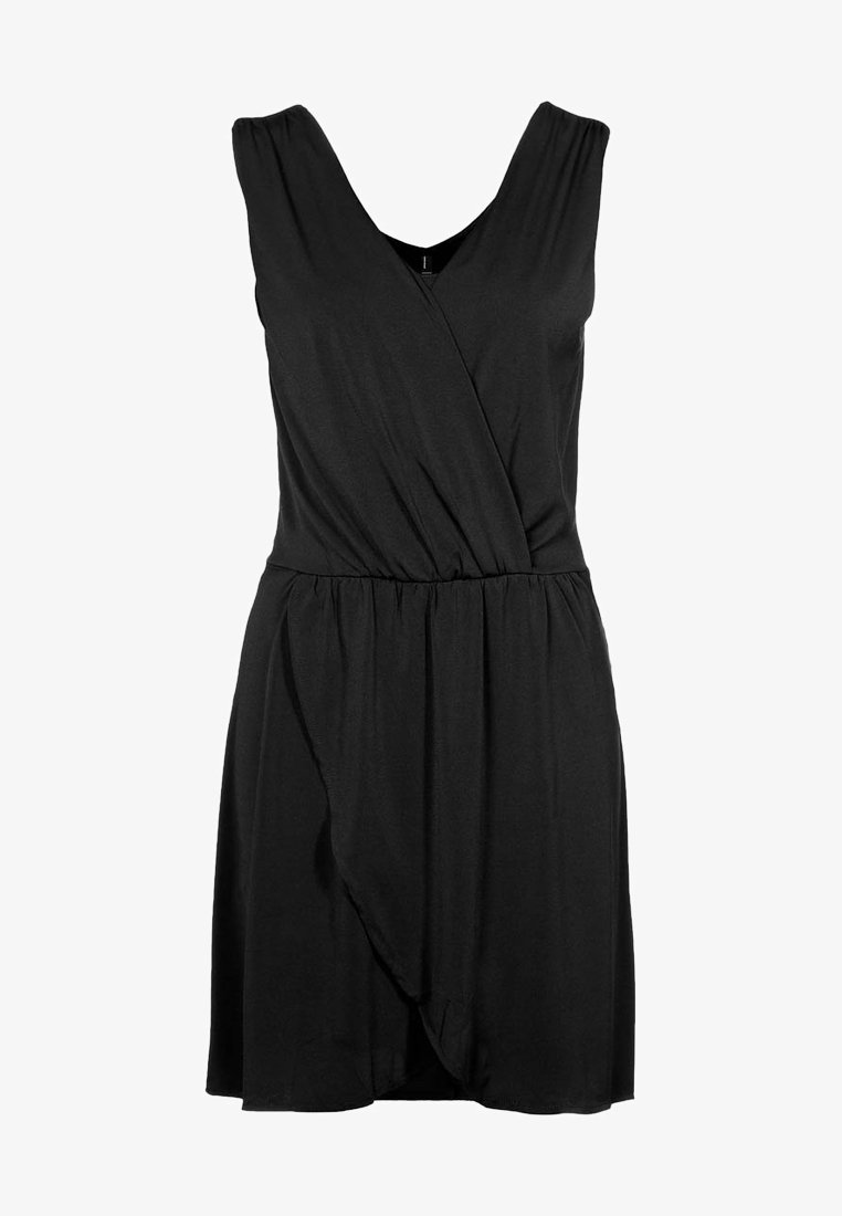 Robe noire sans manches avec décolleté en V, taille froncée et jupe portefeuille.