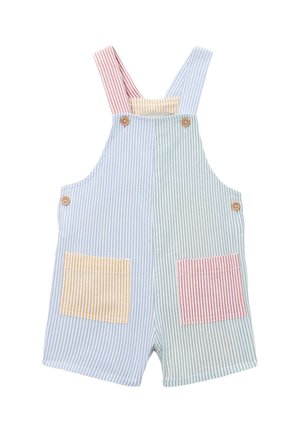 Salopette courte à rayures pour enfant avec bretelles rouges et bleues et poches avant jaunes et rouges, fermée par des boutons en bois.