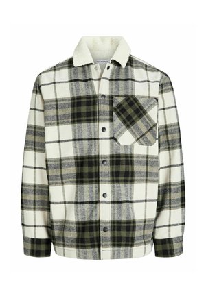 Giacca a camicia con motivo tartan verde, nero e crema, tasca sul petto, maniche lunghe e colletto in shearling bianco.