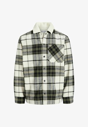 Giacca a camicia con motivo tartan verde, nero e crema, tasca sul petto, maniche lunghe e colletto in shearling bianco.