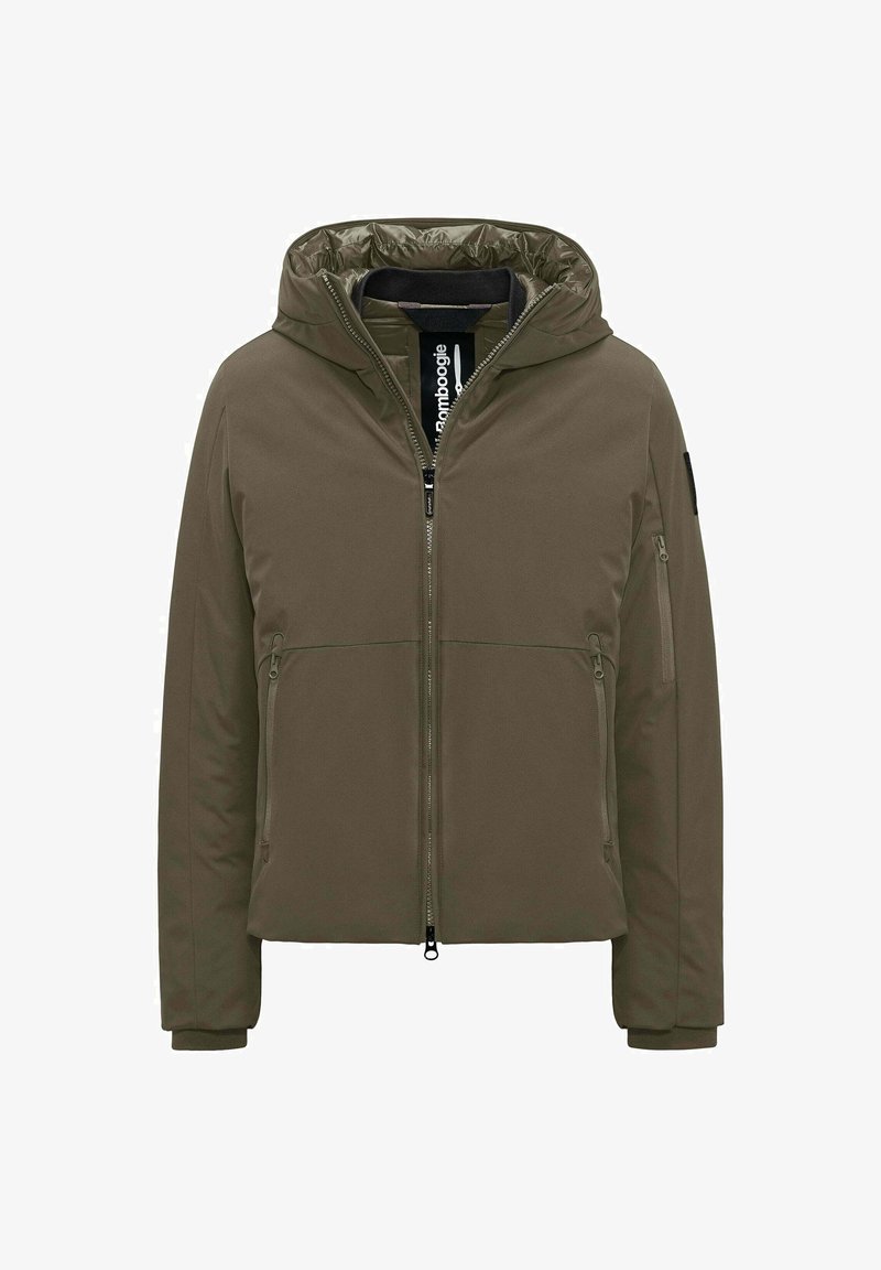 Giacca con cappuccio verde oliva, con zip frontale, due tasche laterali con zip e polsini a coste; materiale esterno liscio, fodera interna trapuntata.