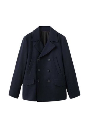 Cappotto doppiopetto blu navy in un denso misto lana. Presenta ampi rever, due tasche frontali e sei bottoni sul davanti.