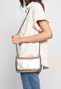 Borsa crossbody in metallo dorato con finitura liscia, tracolla a catena e dettagli borchiati lungo i bordi. Portata da una persona in una camicia leggera.