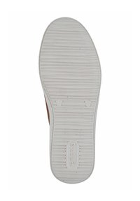 Suela de zapato marrón con un diseño de goma blanca texturizada. Presenta un logo en relieve y marcas de tallas. Forma redondeada con un borde suave.