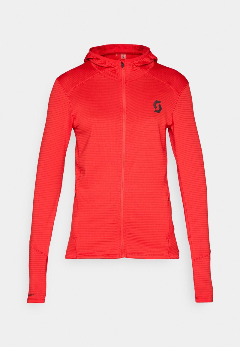 Czerwona sportowa bluza z kapturem o ryflowanej fakturze, z zapięciem na zamek z przodu i długimi rękawami. Posiada czarną logo na klatce piersiowej oraz dopasowany krój.